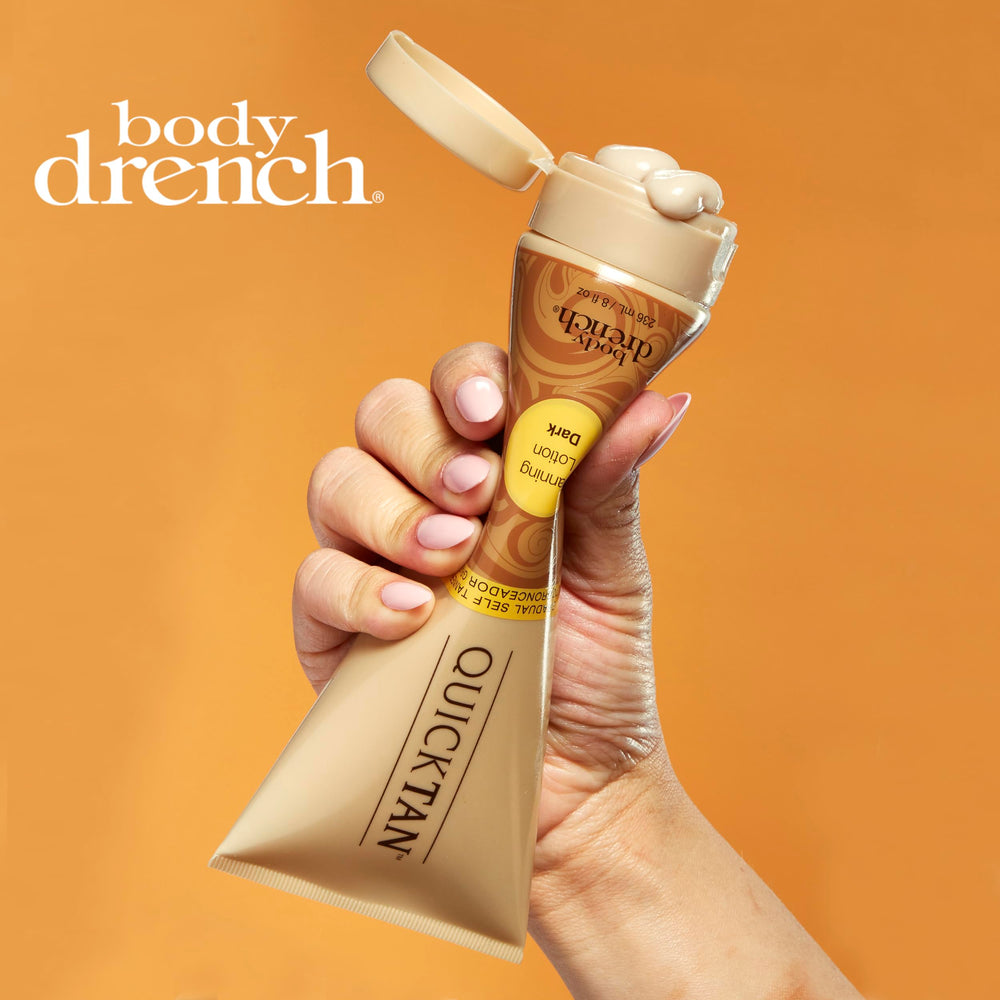 Body Drench Quick Tan cream-texture on skin suggests smooth, streak-free glow potential.