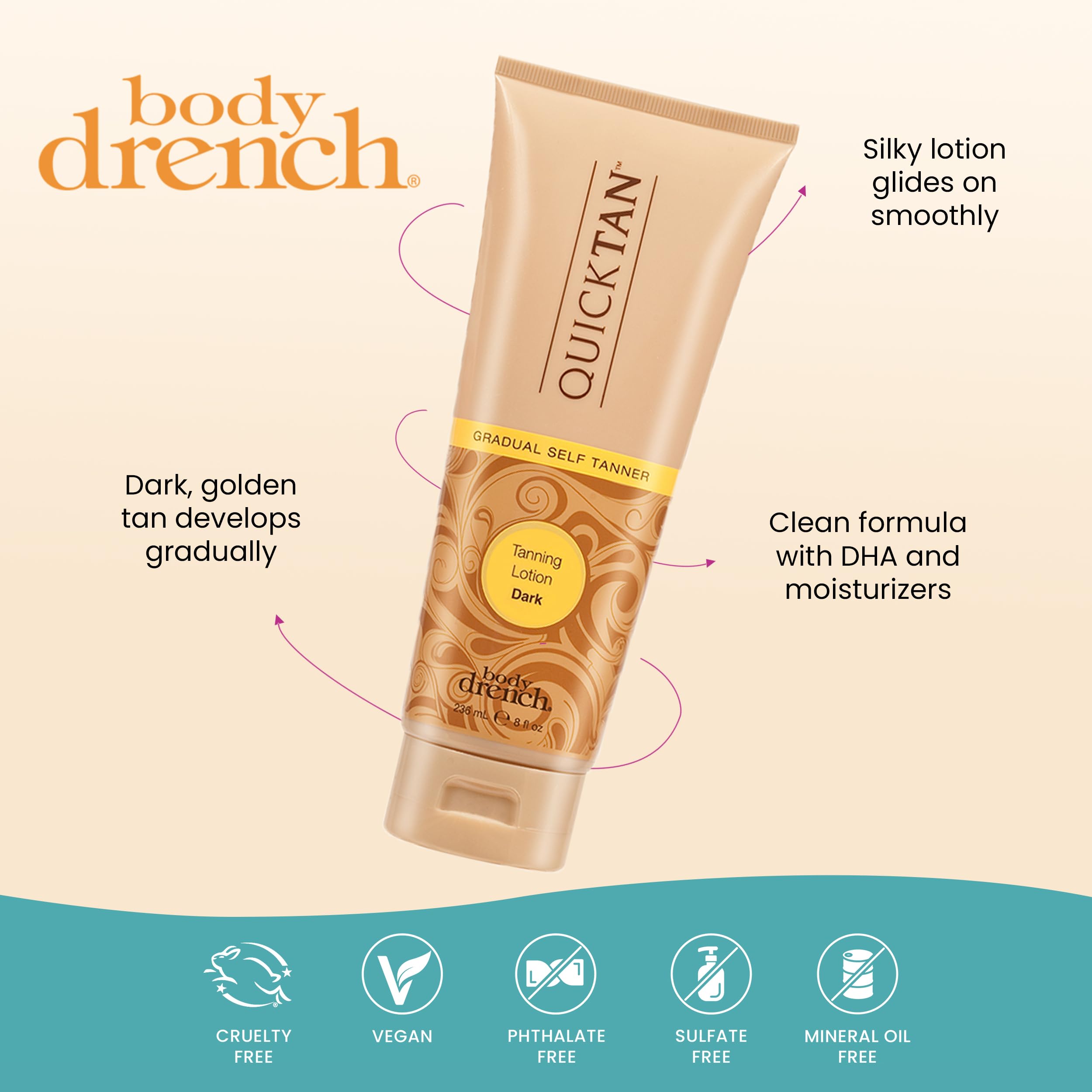 Body Drench Quick Tan dark-golden color hints at a rich bronze developed in hours.
