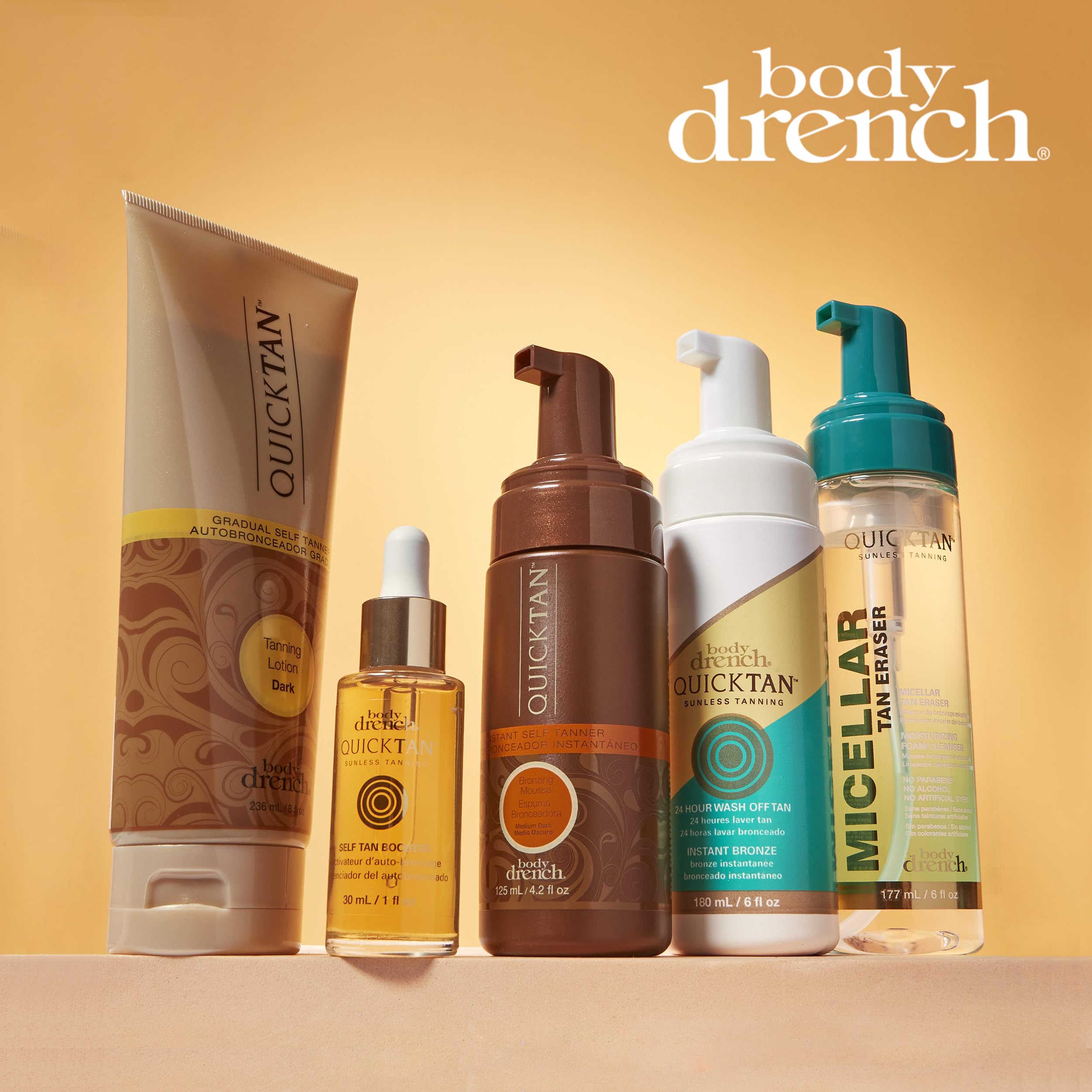 Body Drench Quick Tan vegan-cruelty-free label communicates an ethical self-tanning option.