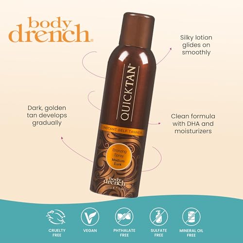 Body Drench QuickTan instant-glow bottle showcases immediate sunless tan.