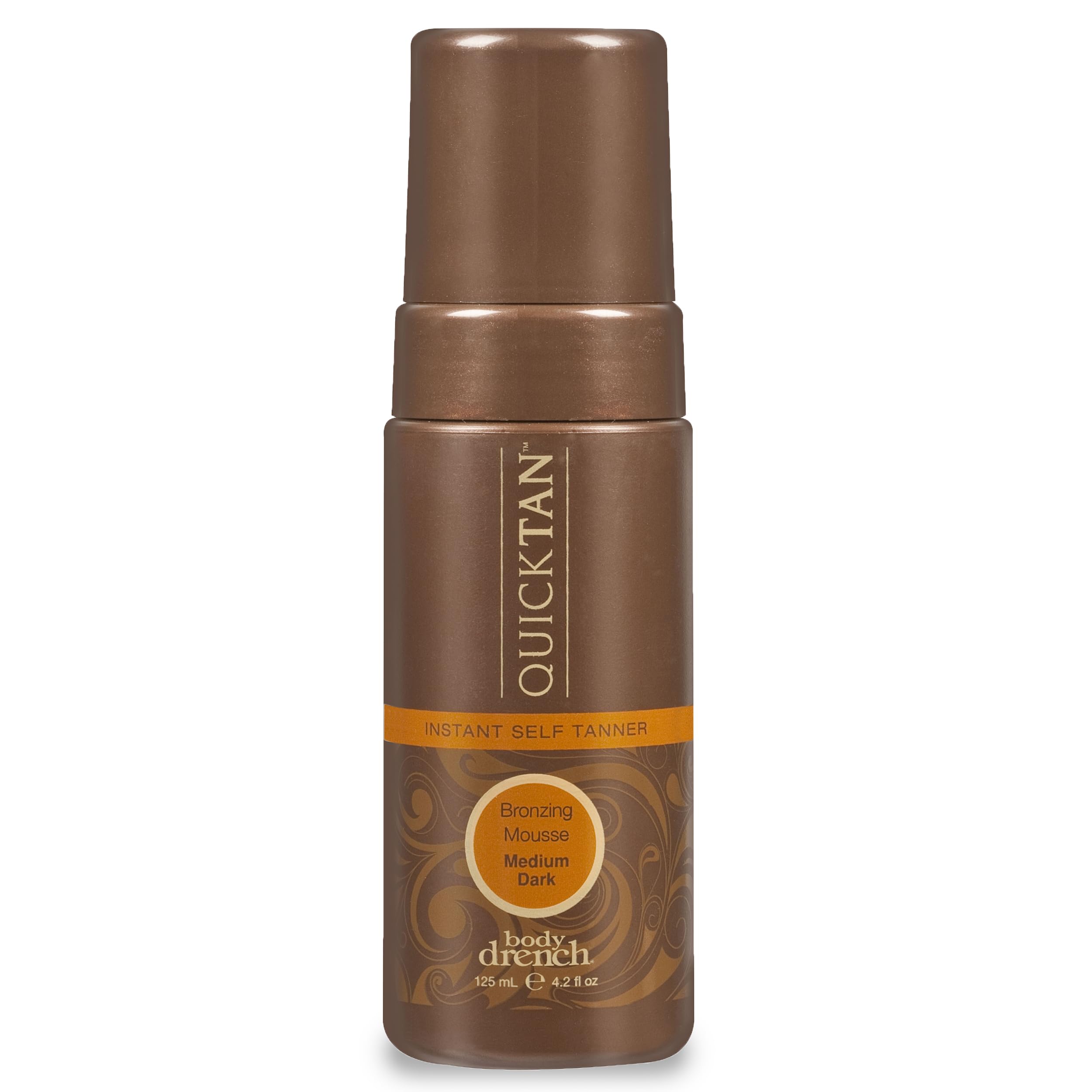 Body Drench QuickTan mousse packaging, compact for quick bronze application.