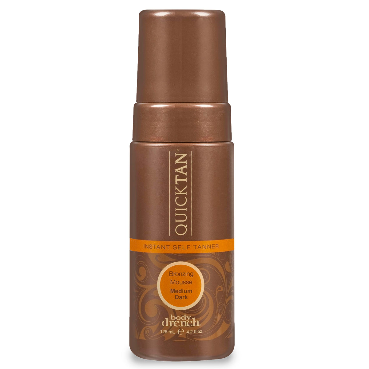 Body Drench QuickTan mousse packaging, compact for quick bronze application.