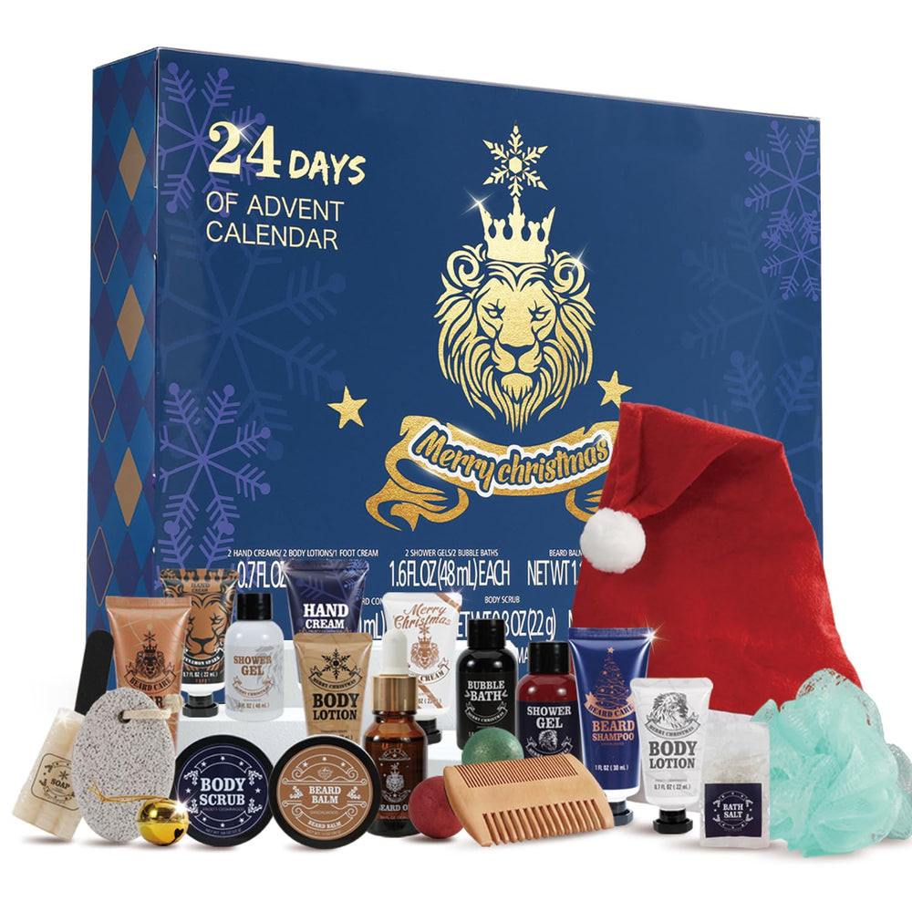 BODY & EARTH mens grooming routine image demonstrates a 24-day countdown ritual.