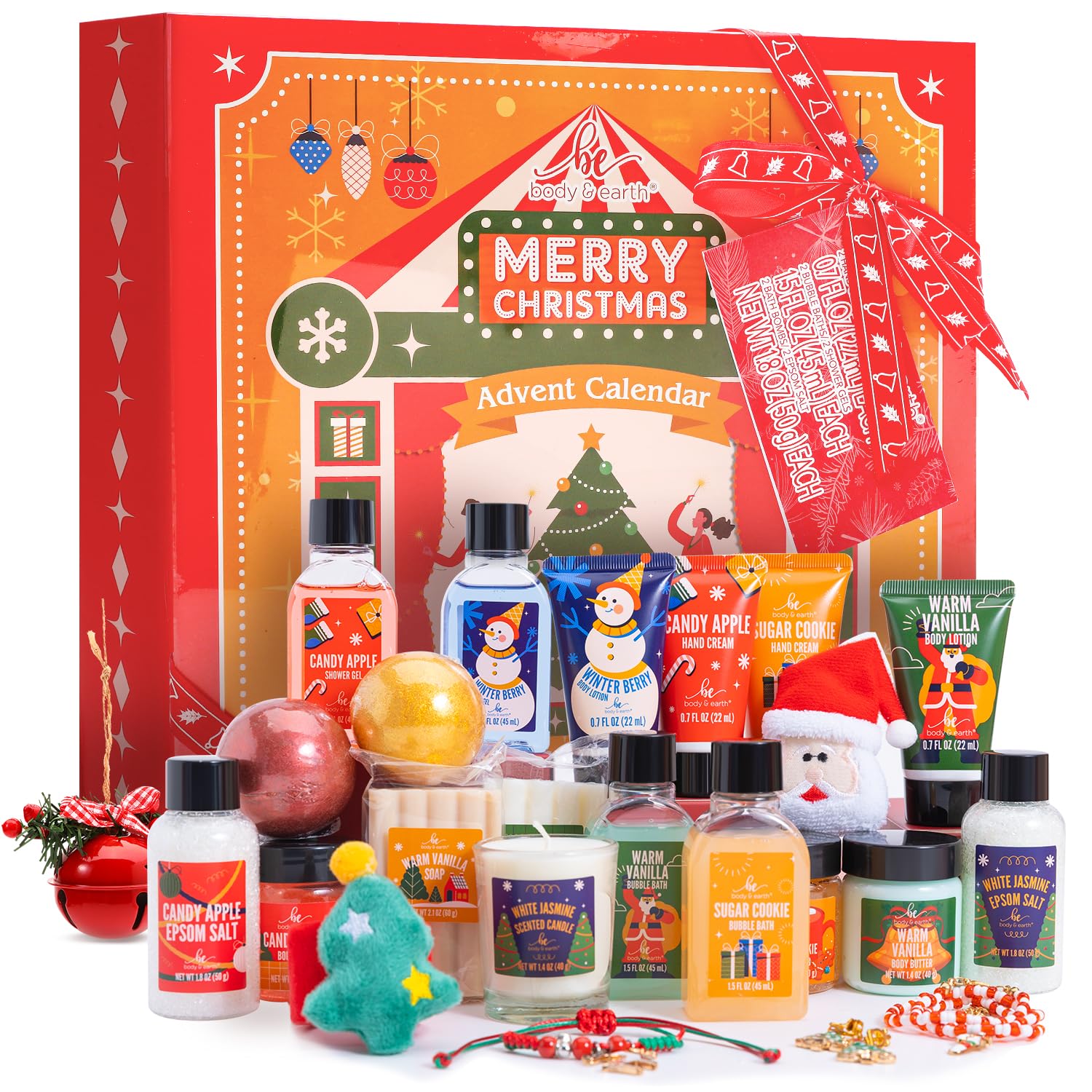 BODY & EARTH advent calendar box front highlights festive skincare gifts for gifting joy