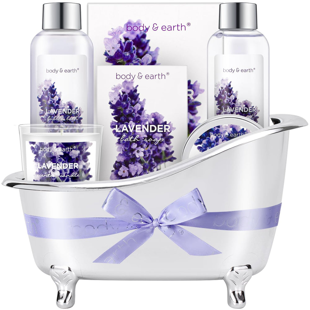 Body & Earth Lavender Shower Gel bottle promotes relaxing spa-like cleansing.