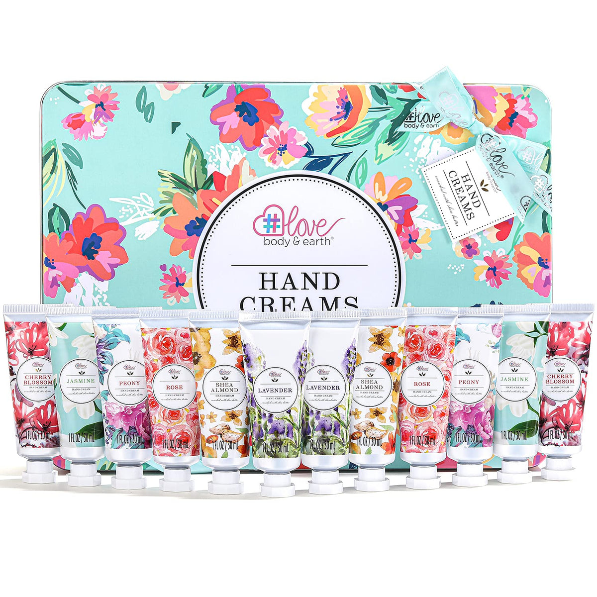 BODY & EARTH hand cream gift set front view with twelve travel-size tubes for on-the-go hydration