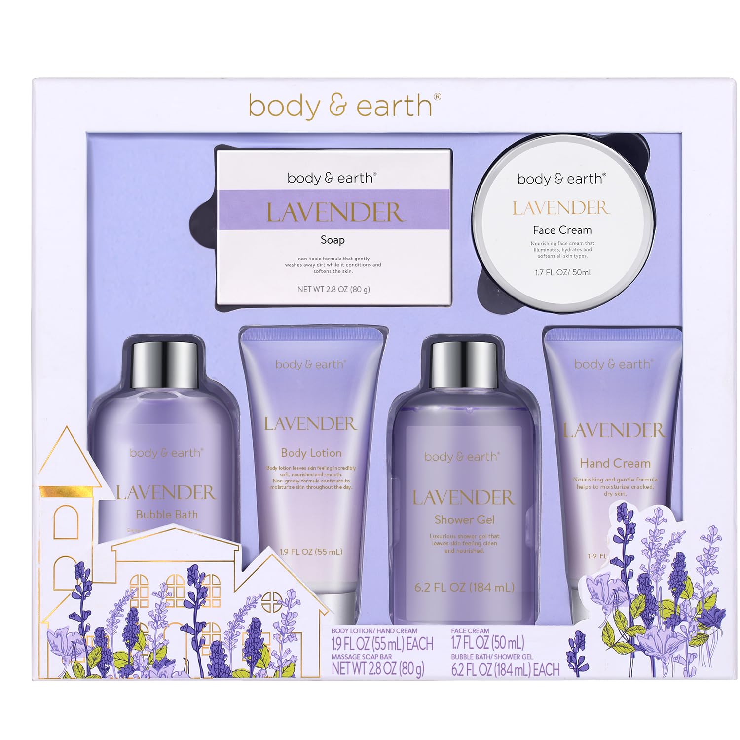 Body & Earth lavender spa gift box with decorative purple ribbon, ready for gifting and pampering.