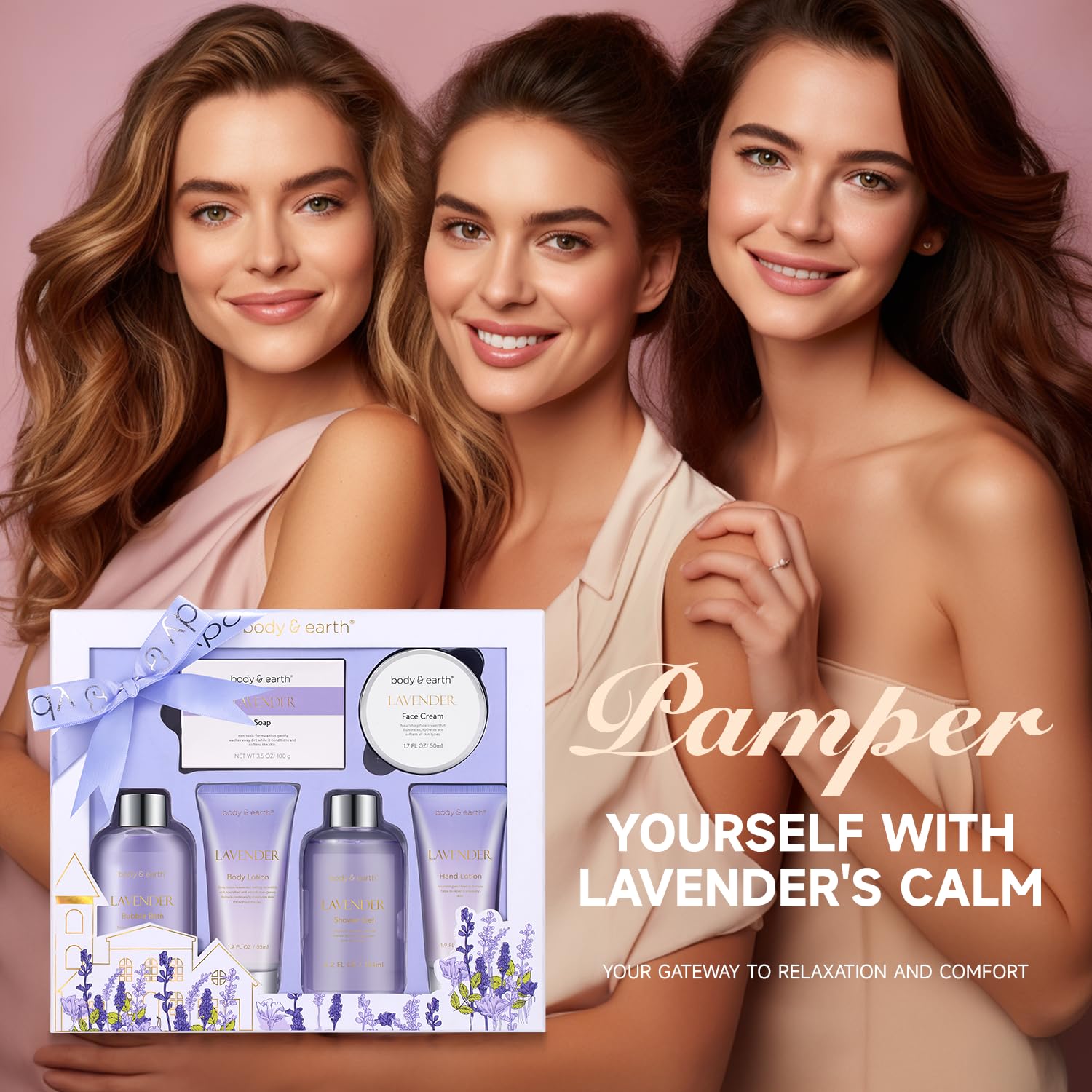 BODY & EARTH lavender soap emphasizes gentle cleansing with relaxing scent.