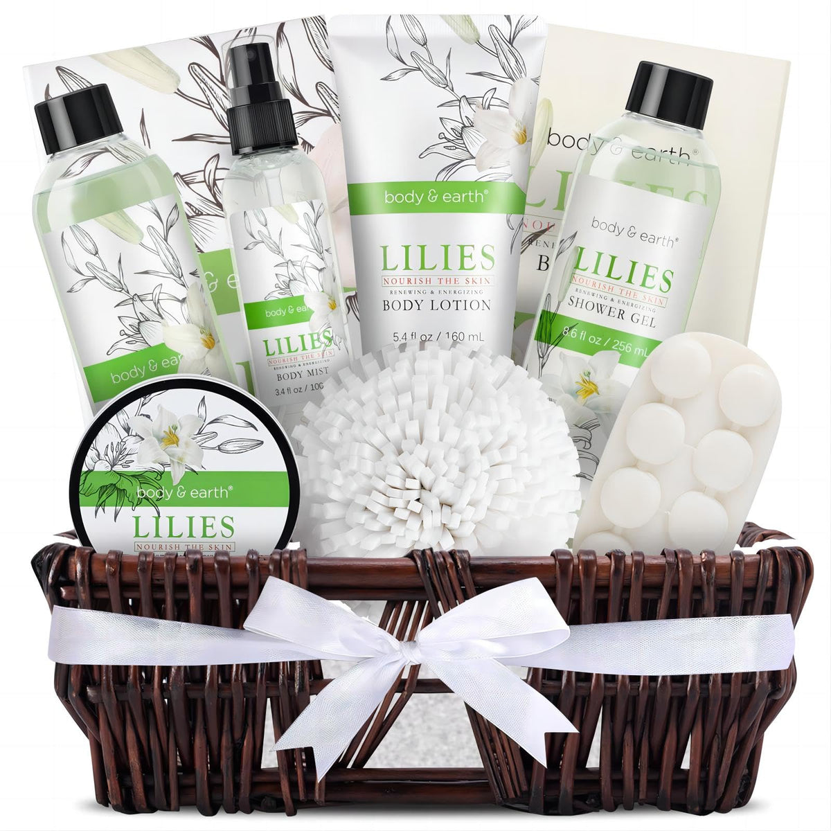 Body & Earth spa gift basket packaging with handcrafted wicker basket, ideal for gifting