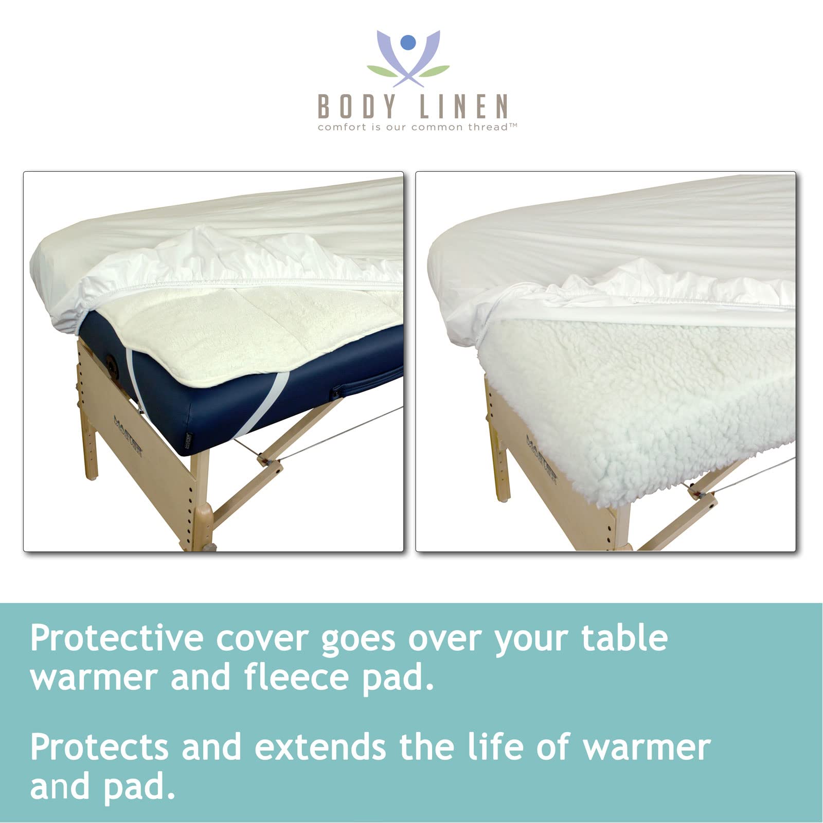 Body Linen massage table cover fitted on table showcases snug fit over pads