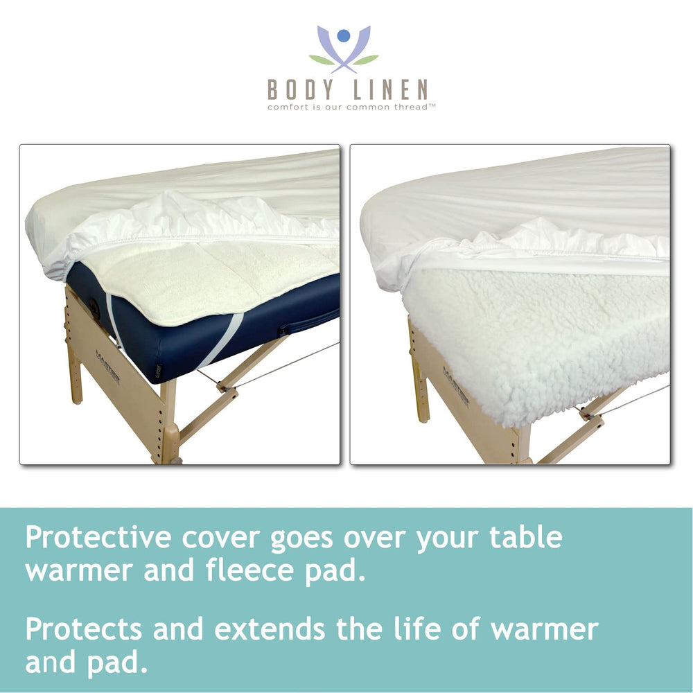 Body Linen massage table cover fitted on table showcases snug fit over pads