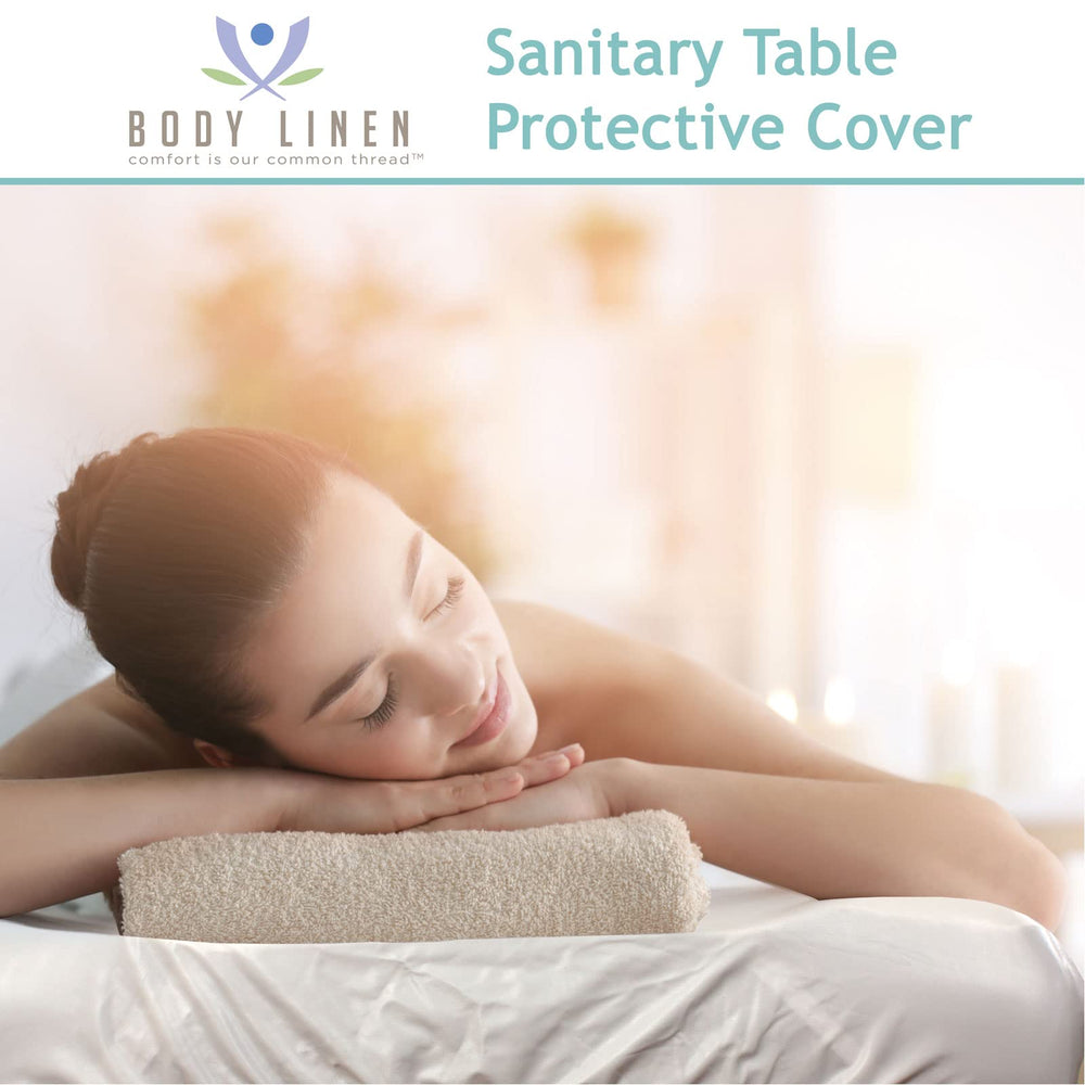 Body Linen massage table cover wipe-clean surface demonstrates quick cleanup between clients