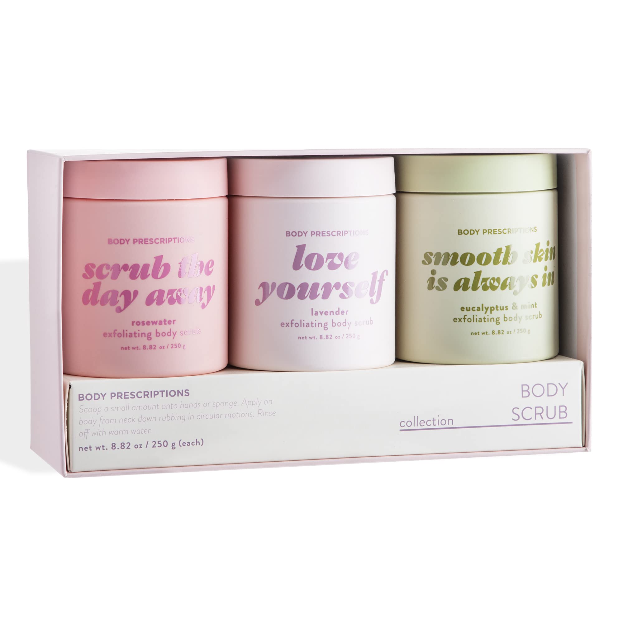 Body Prescriptions Exfoliating Scrub Lavender jar for smooth, refreshed skin after shower.