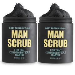 Body Prescriptions Mens Scrub twist-top jar shows easy cleansing and exfoliation