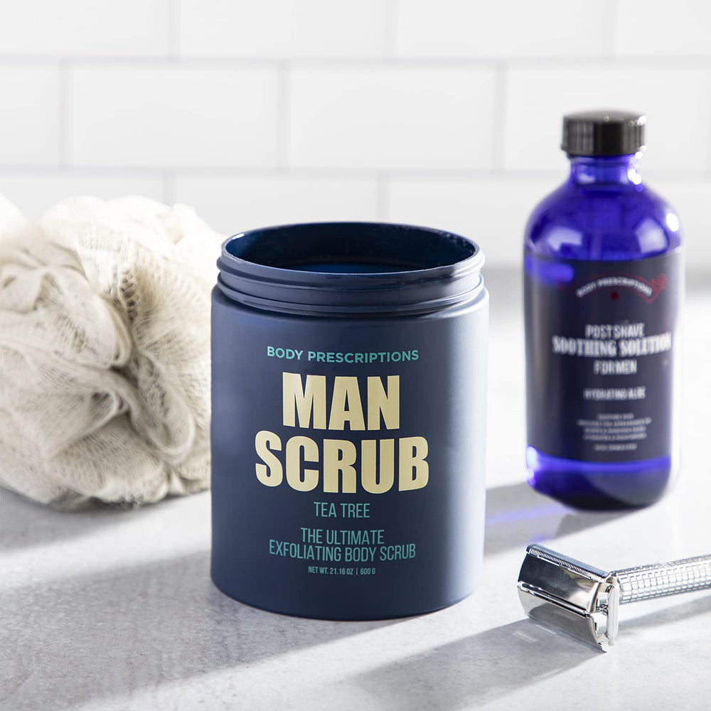 Tea tree-infused scrub texture close-up promoting refreshed, clean-feel skin