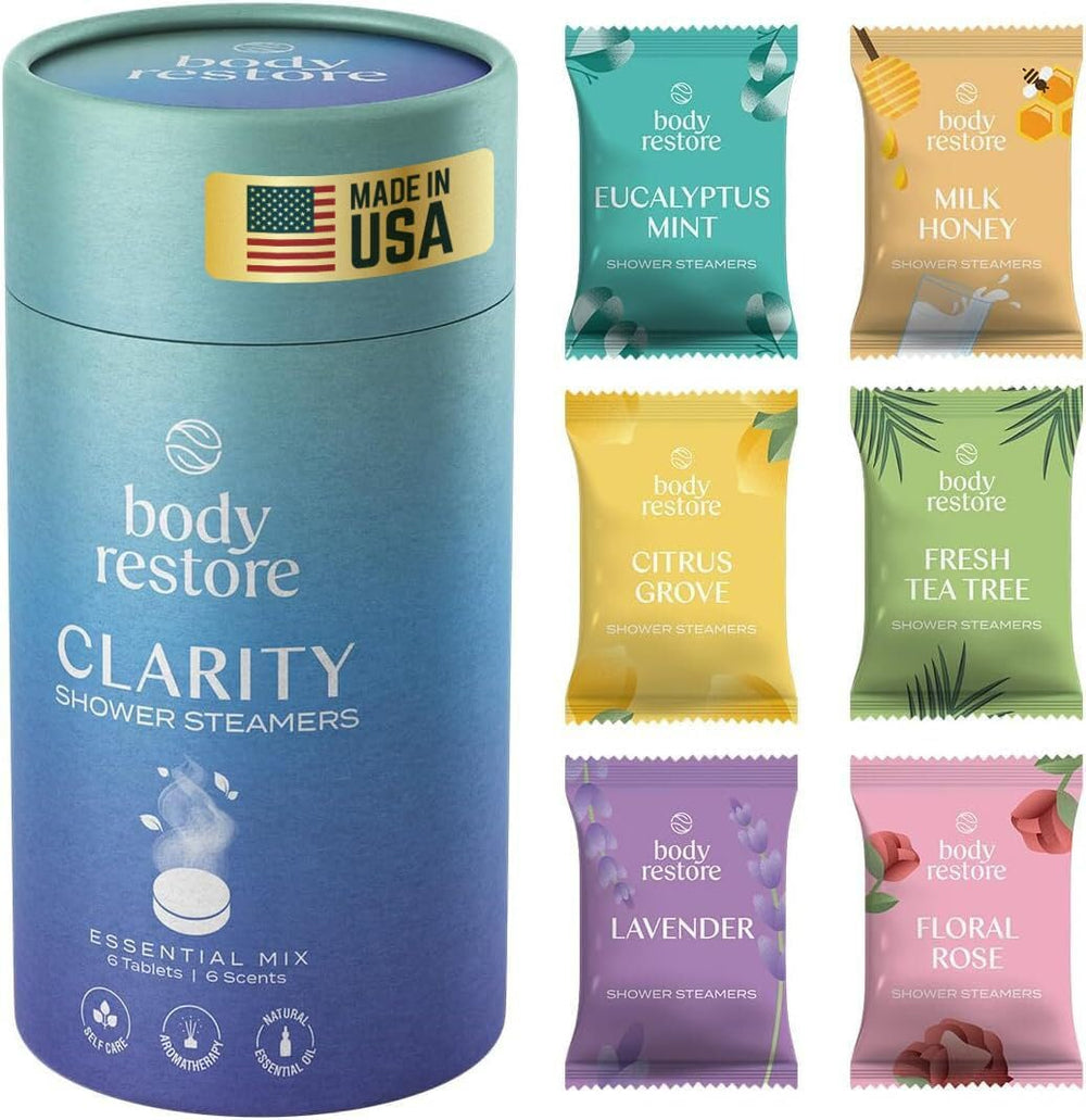 Body Restore Clarity Grove shower steamer closeup for spa-like relaxation.