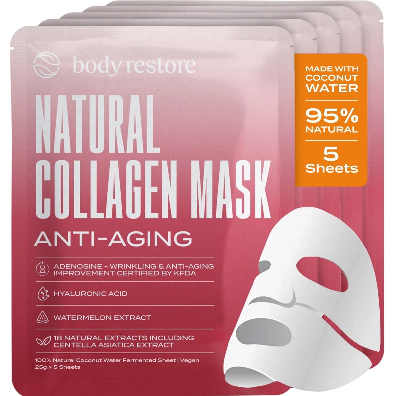 Body Restore collagen face mask 5-pack box showcases premium packaging for spa-grade hydration.