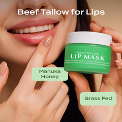 Body Restore grass-fed beef tallow lip mask showcases rich moisture for dry lips