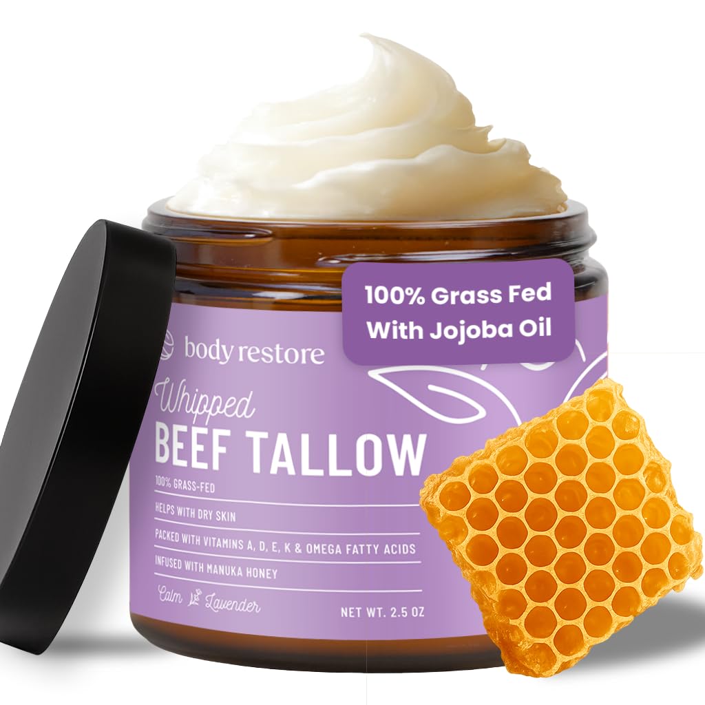Body Restore lavender balm jar showing whipped beef tallow hydration