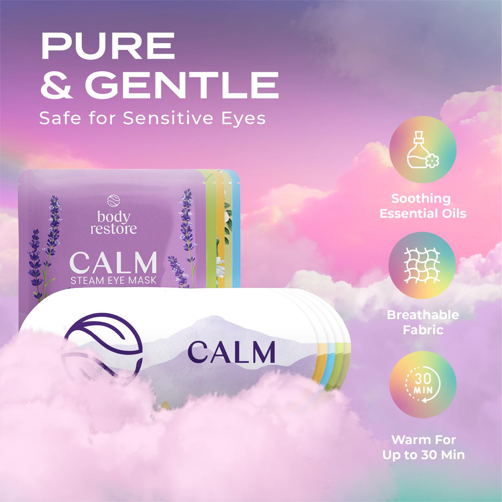Body Restore heated eye mask lavender pack shot highlighting lavender scent for calm relaxation.