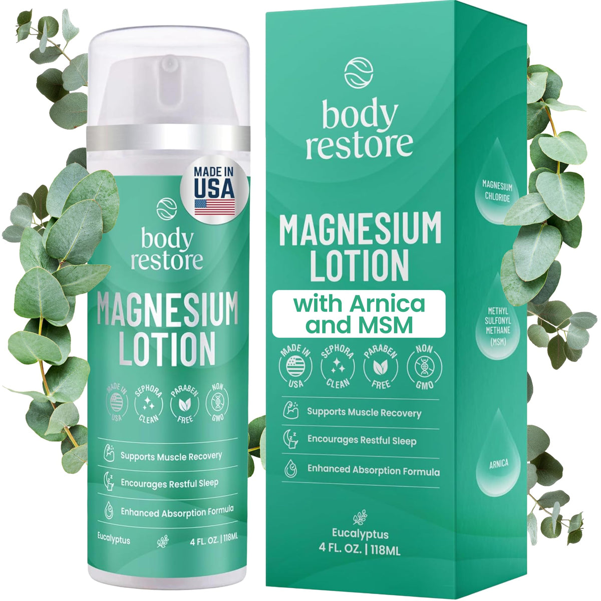 Body Restore magnesium lotion bottle showing arnica and MSM for soothing sore muscles