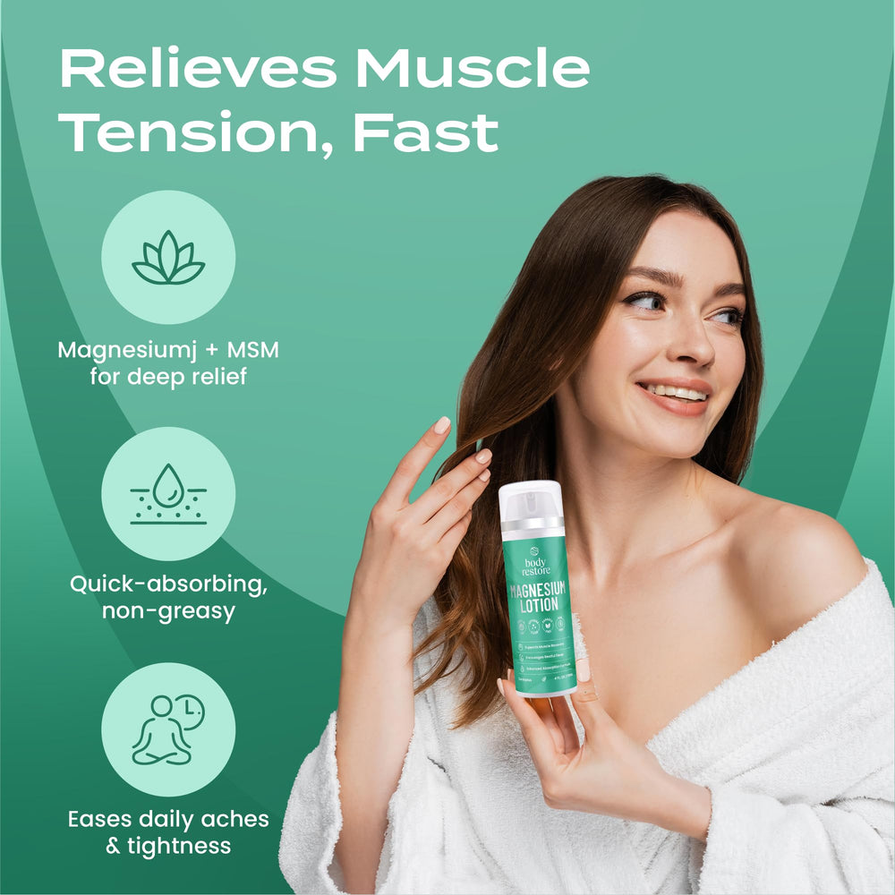 Body Restore magnesium lotion on feet illustrating soothing relief after long day