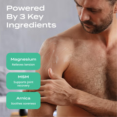 Body Restore magnesium lotion label close-up highlighting arnica and MSM ingredients and calming properties