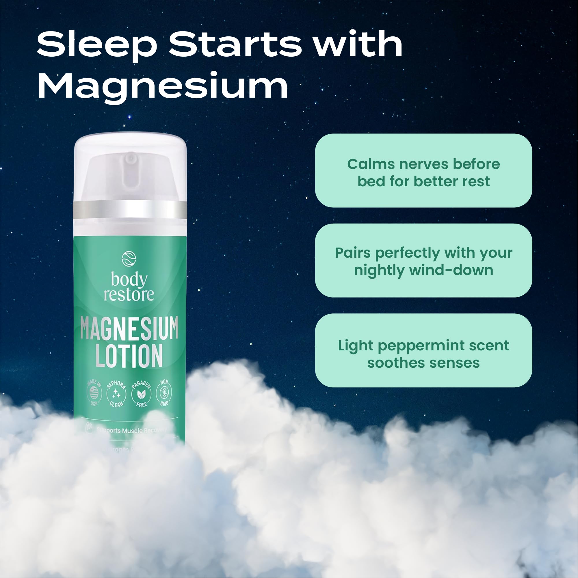 Body Restore magnesium lotion travel-size bottle ideal for on-the-go relaxation