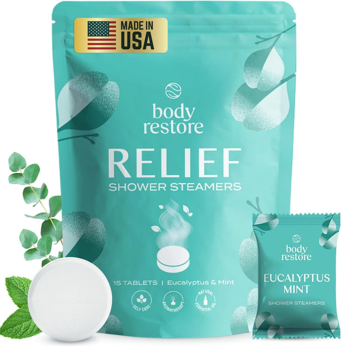 Body Restore 15-pack shower steamers close-up with eucalyptus blend for relaxation routines.