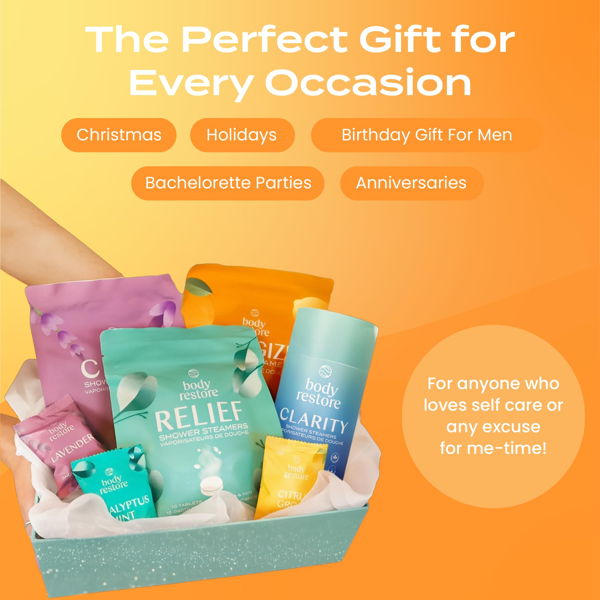 Body Restore Citrus steamers in bathroom setup as gift-ready
