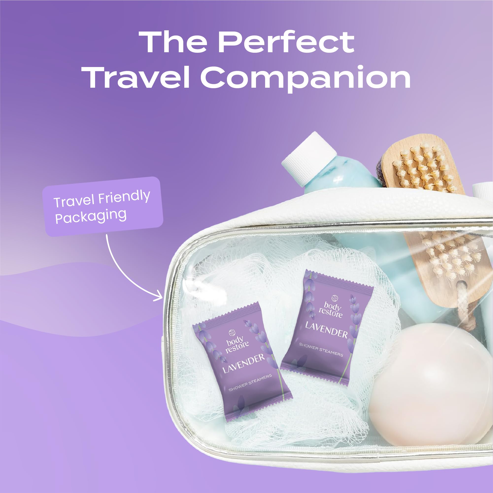 Body Restore Lavender packaging closeup emphasizes premium lavender fragrance.