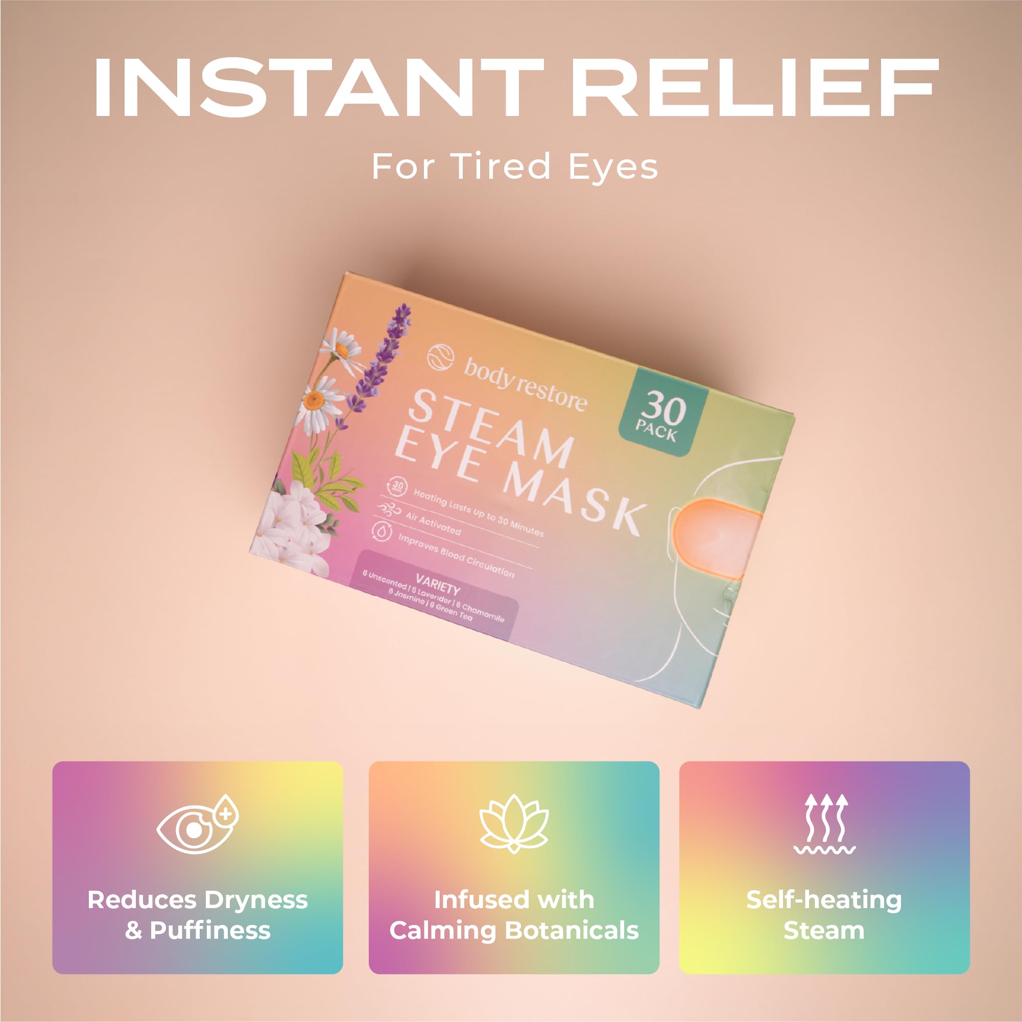 Body Restore steam eye mask unscented pack emphasizing gentle warmth and eye comfort.