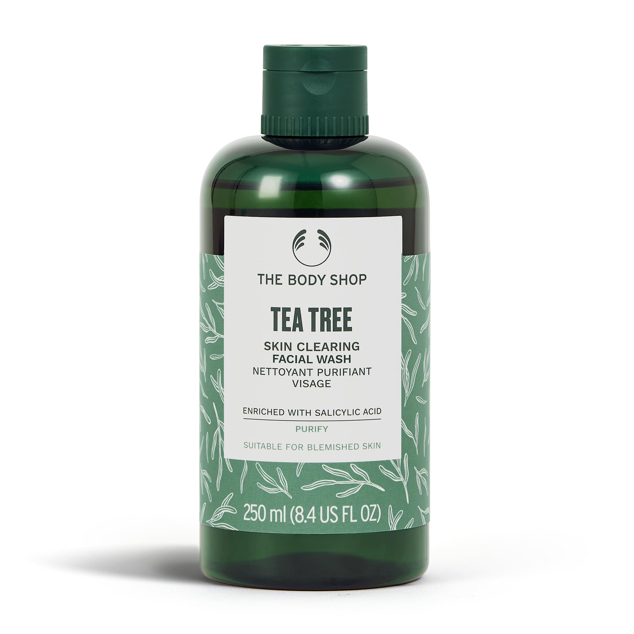 The Body Shop Tea Tree Skin Clearing Facial Wash bottle close-up for clearer-looking skin