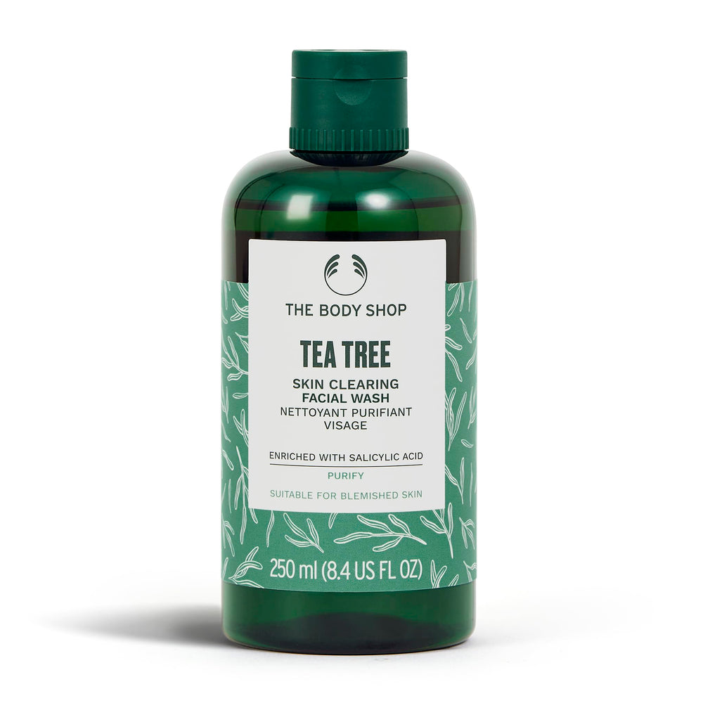 The Body Shop Tea Tree Skin Clearing Facial Wash bottle close-up for clearer-looking skin