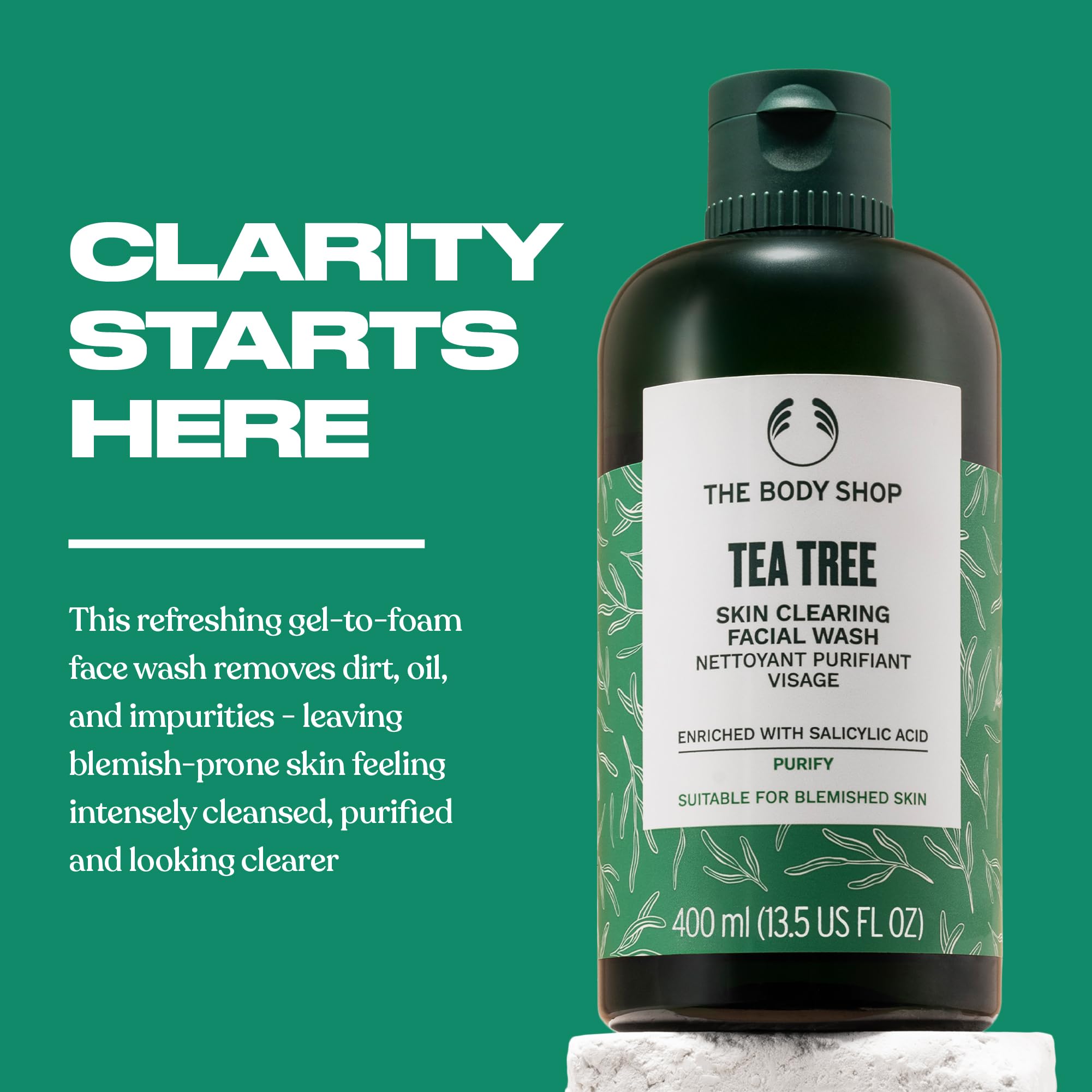 The Body Shop Tea Tree Skin Clearing Facial Wash lather close-up shows a refreshing cleanse