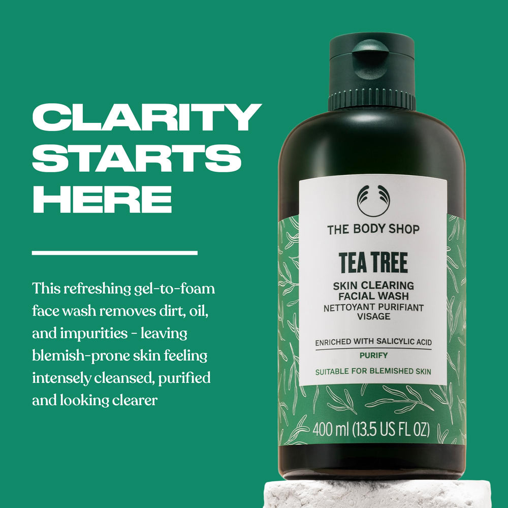 The Body Shop Tea Tree Skin Clearing Facial Wash lather close-up shows a refreshing cleanse