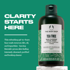 The Body Shop Tea Tree Skin Clearing Facial Wash lather close-up shows a refreshing cleanse