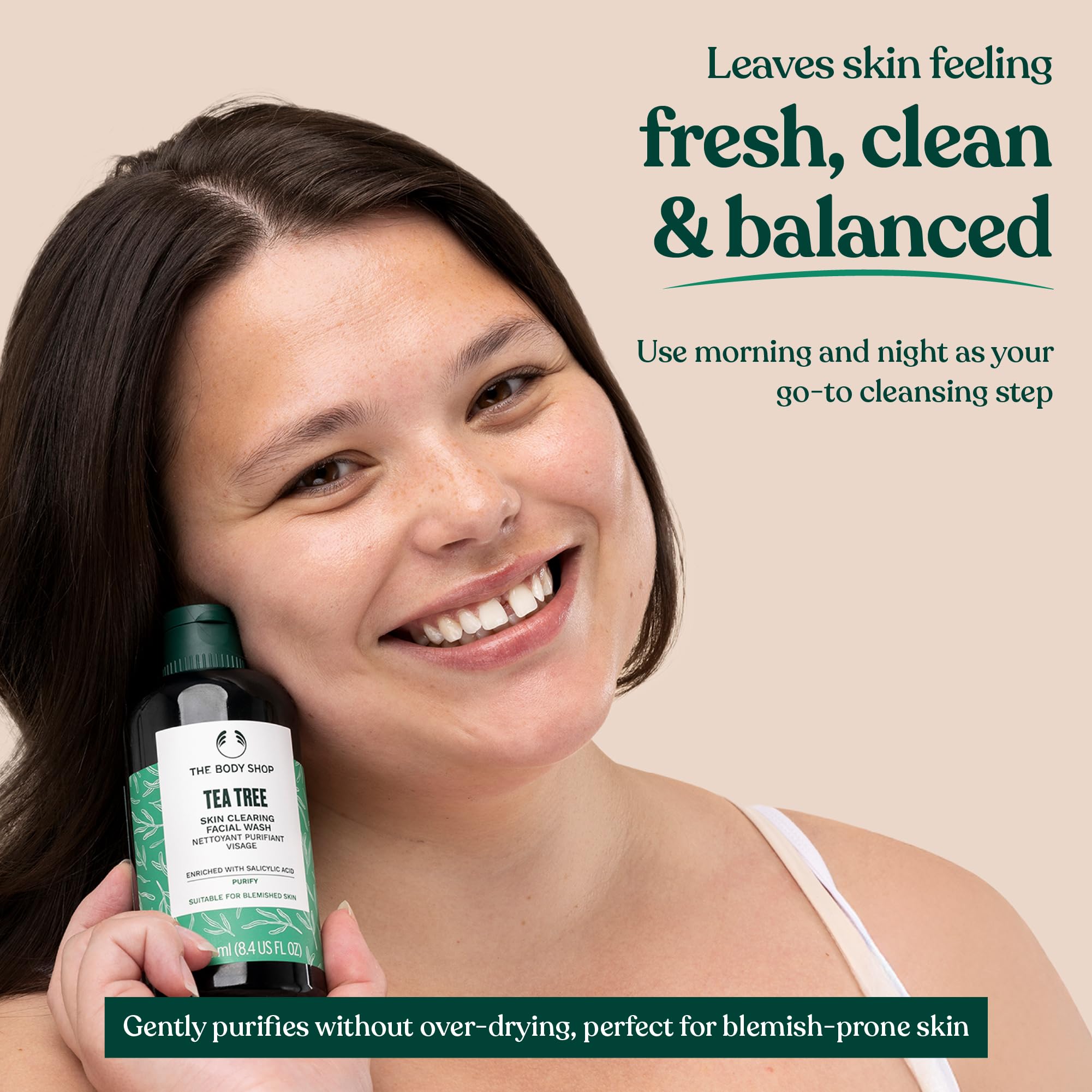 The Body Shop Tea Tree Skin Clearing Facial Wash vegan and fair trade logo close-up