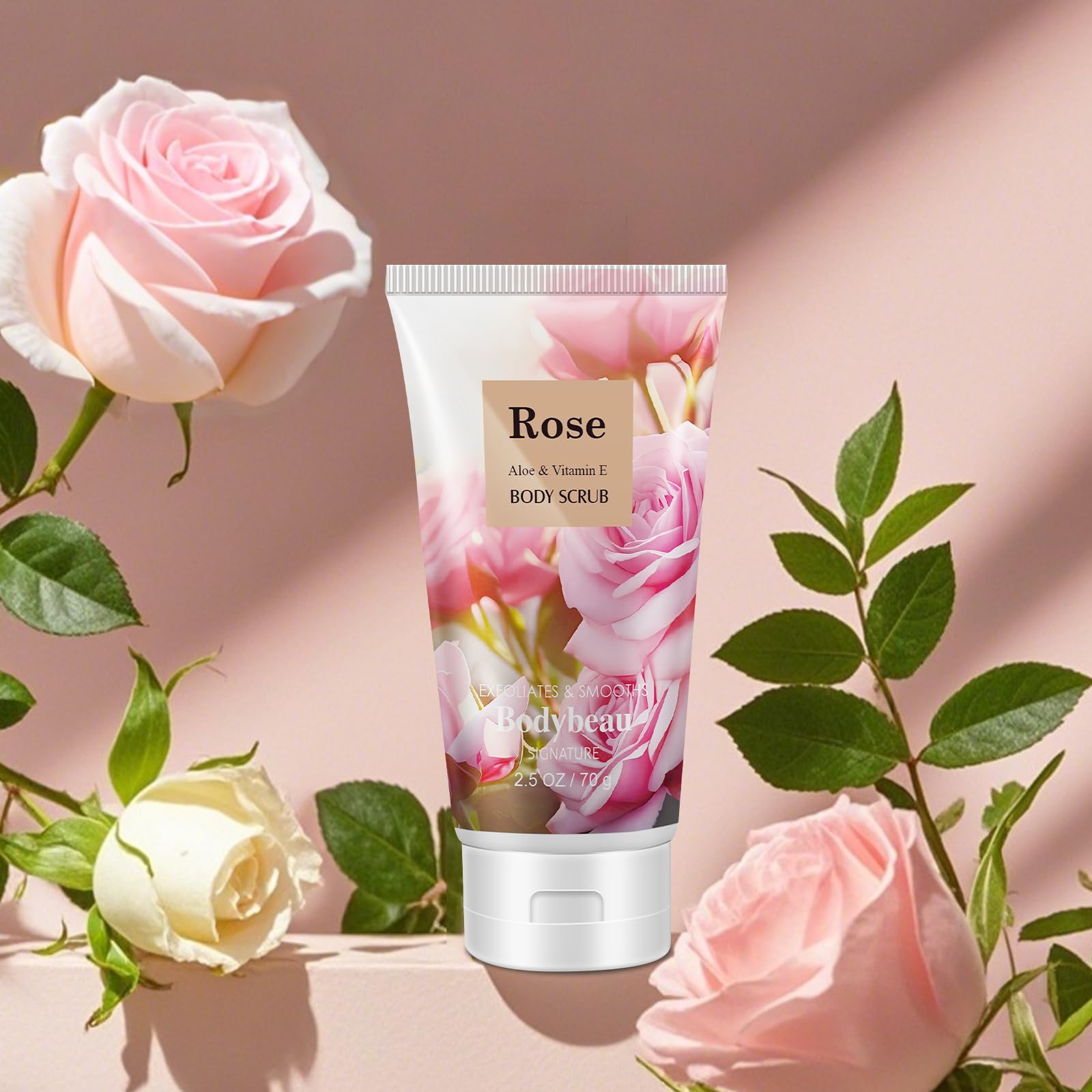 Bodybeau Exfoliating Scrub boosts smooth skin with gentle rose exfoliation.