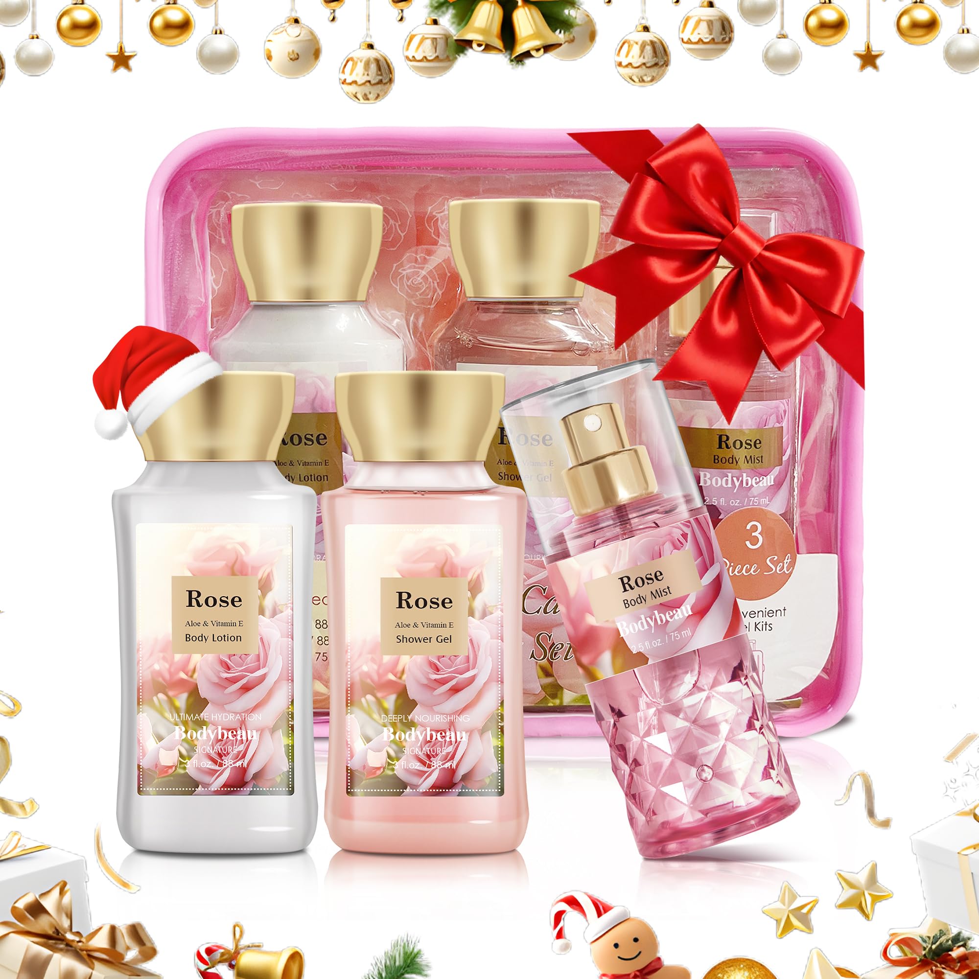BodyBeau rose collection travel trio shower gel for on-the-go freshness and skin revitalization.