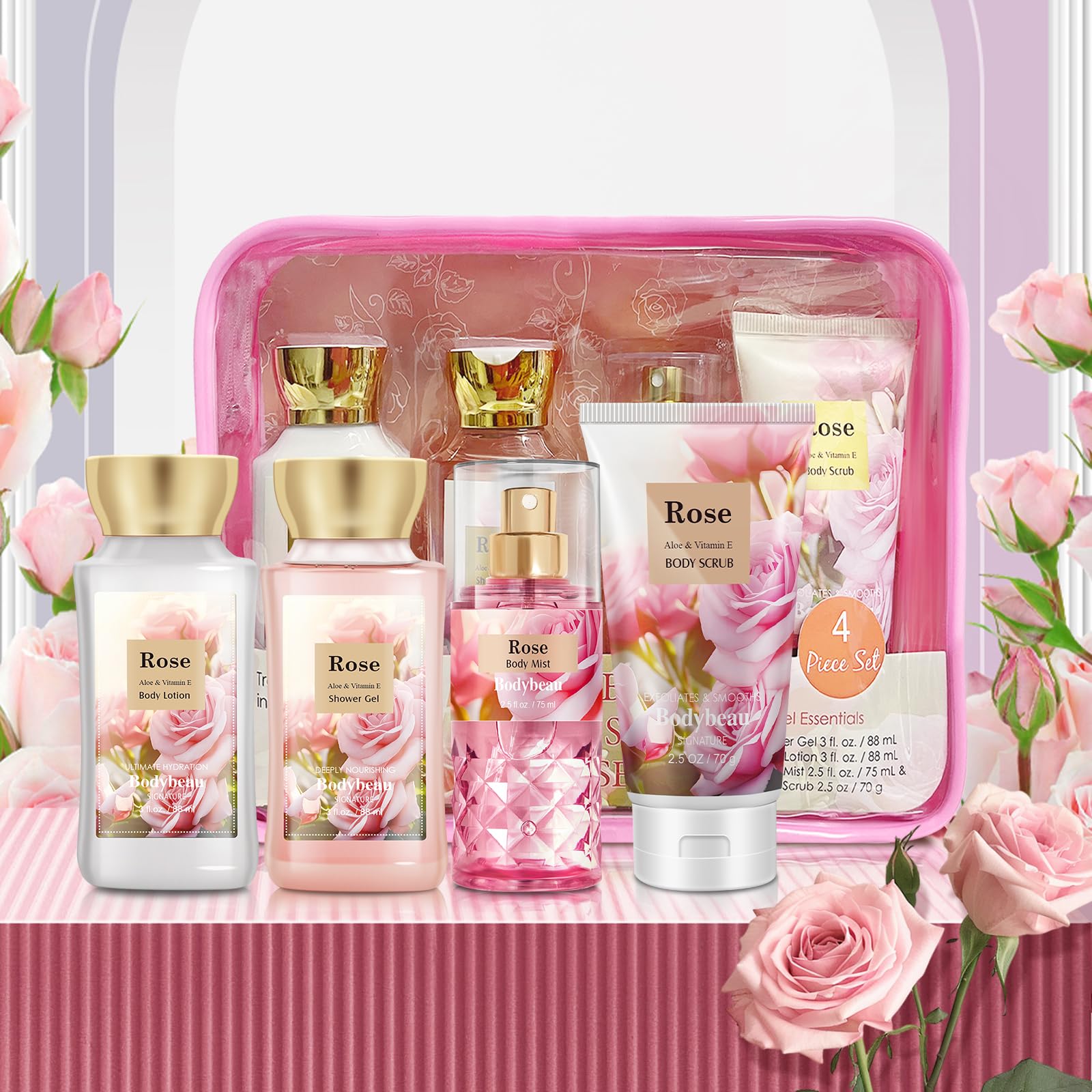 BodyBeau rose travel pouch included supports organized on-the-go care.