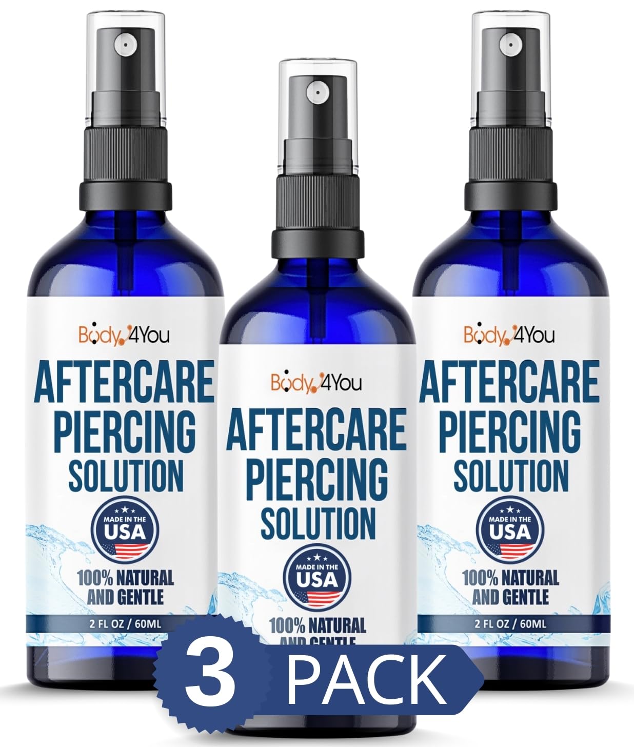 BodyJ4You piercing aftercare spray bottle close-up for daily piercing cleaning.