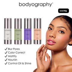 Bodyography foundation primer application on skin highlights pore-minimizing base