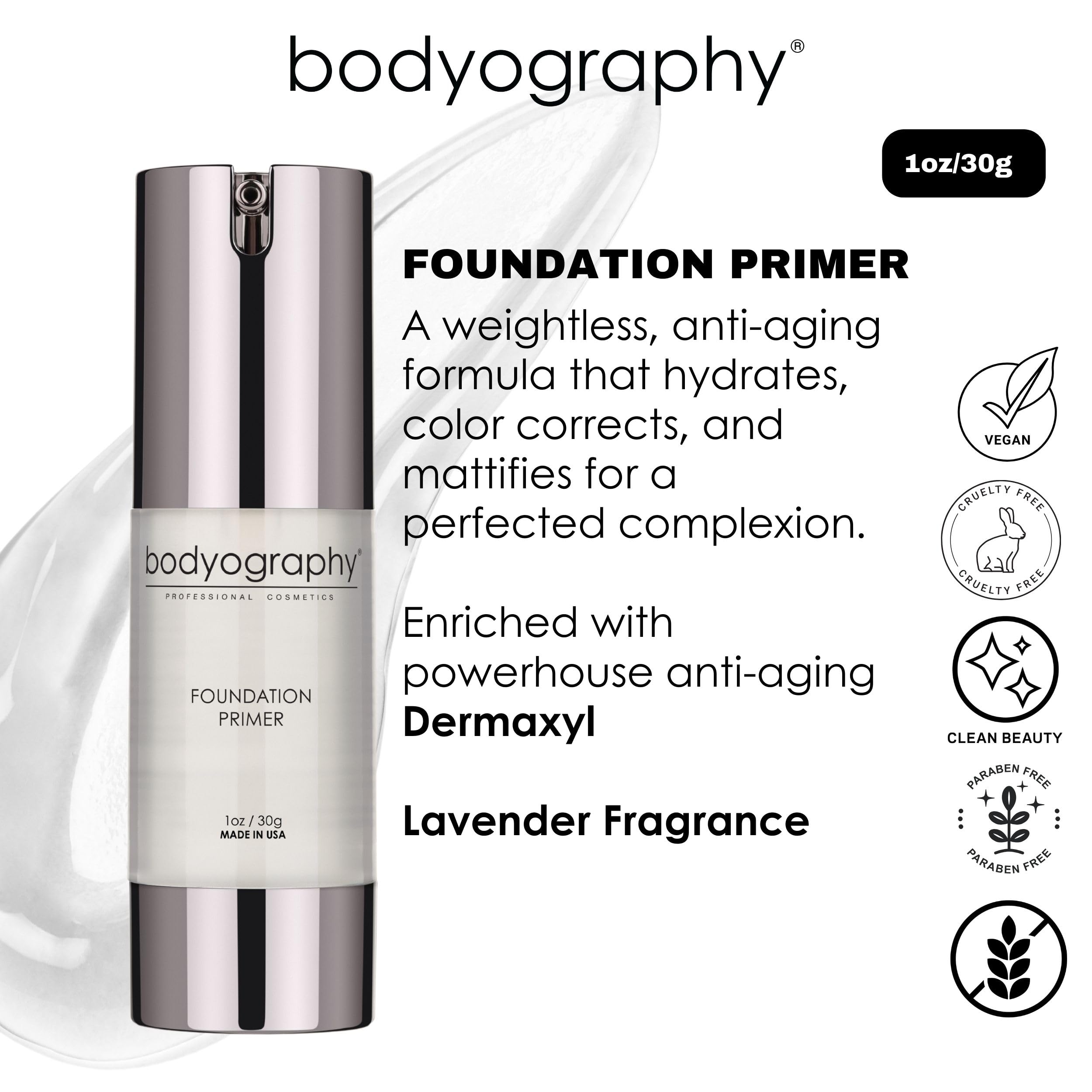 Bodyography foundation primer silicone-base texture demonstrates smoothing finish