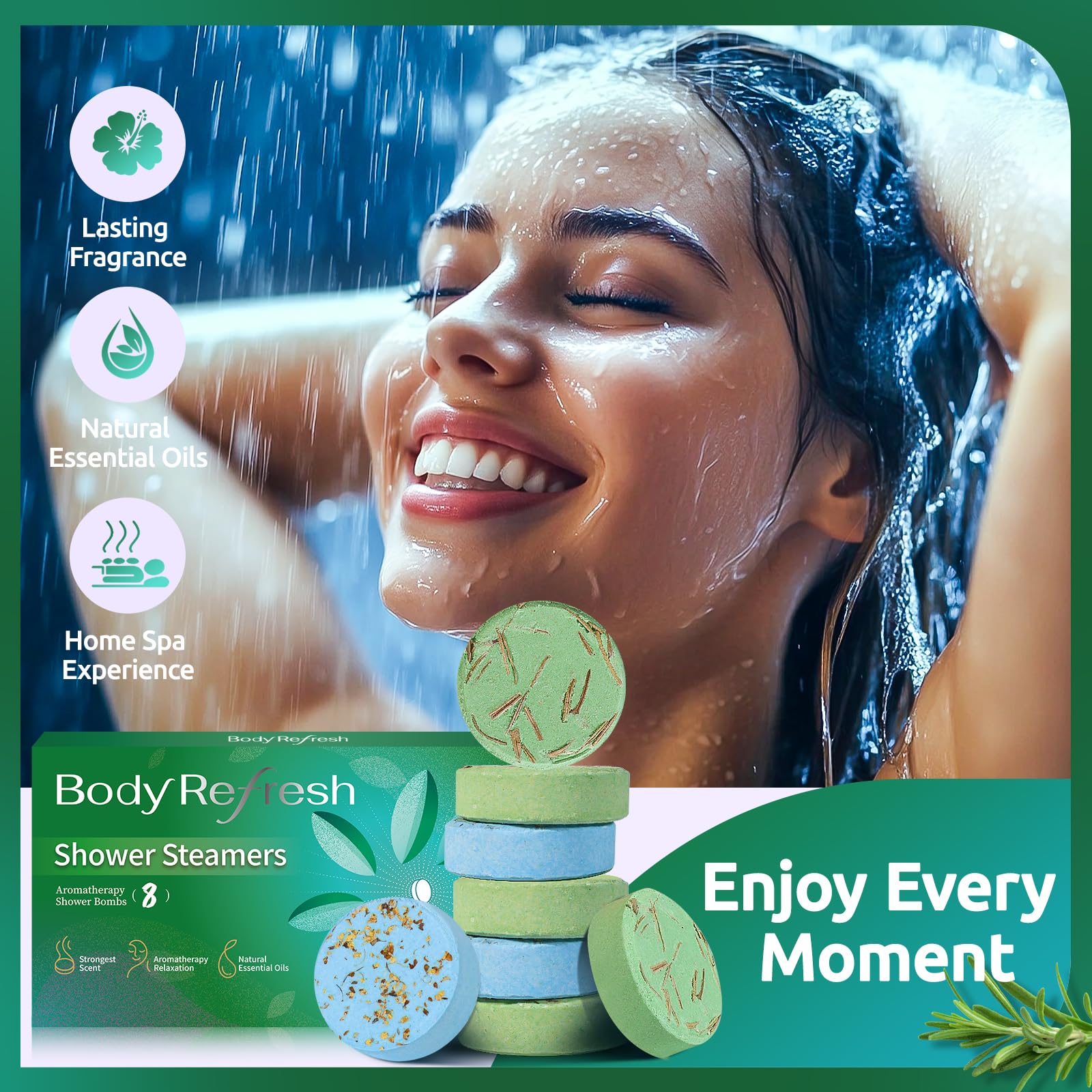 BodyRefresh eucalyptus shower steamer closeup—rich essential oils for calming steam.