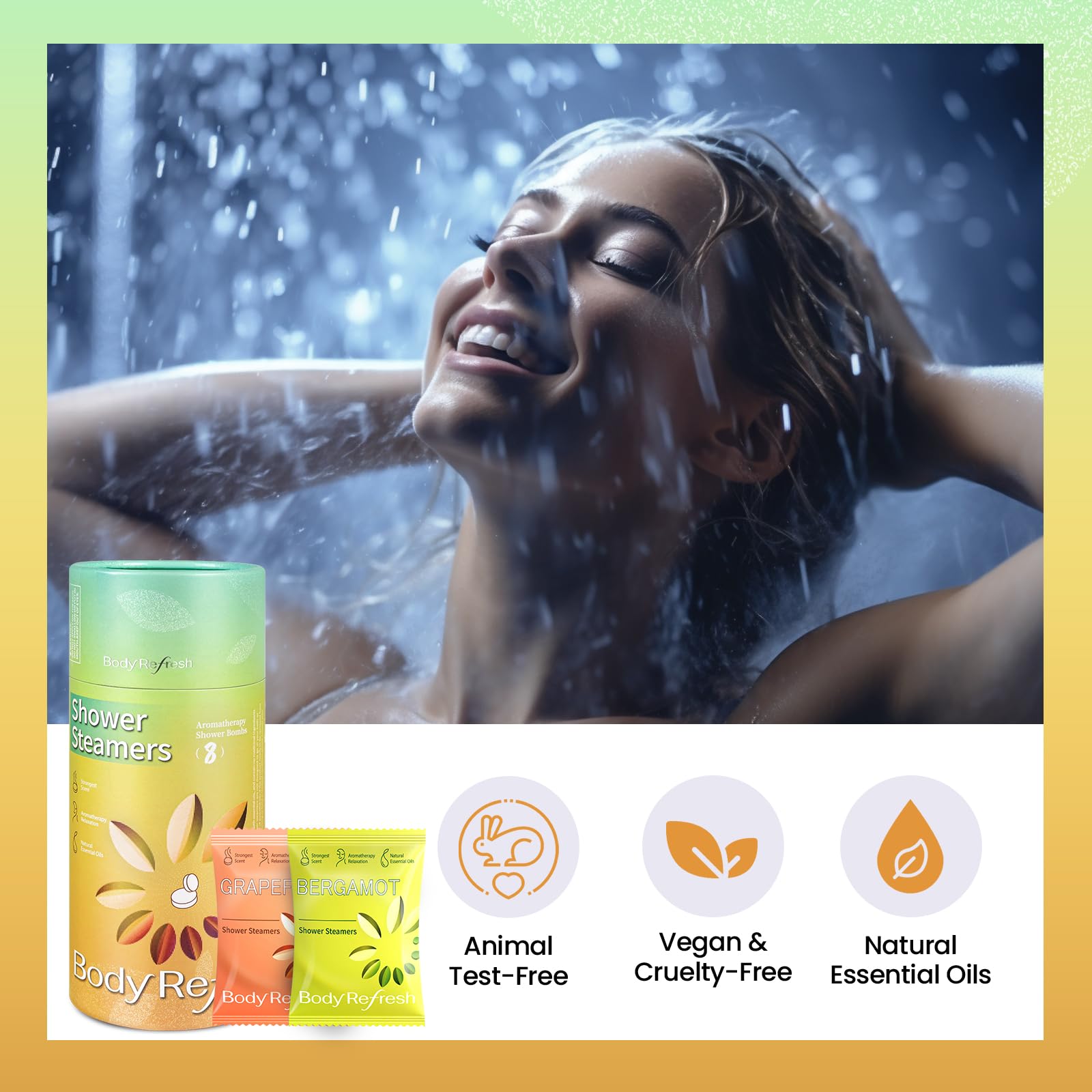 BodyRefresh four-scent set offers mood-elevating aromatherapy in shower.