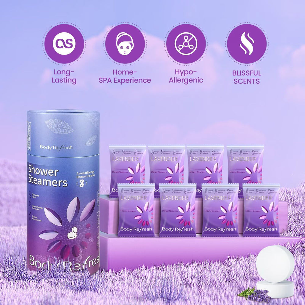 BodyRefresh lavender-shower-steamers-on-shelf with long-lasting calming aroma for showers.