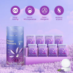 BodyRefresh lavender-shower-steamers-on-shelf with long-lasting calming aroma for showers.