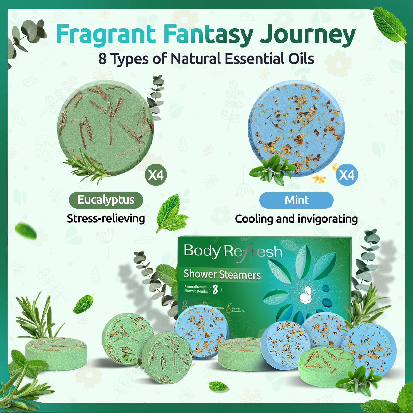 BodyRefresh mint shower steamer closeup—invigorating scent to lift mood during shower.