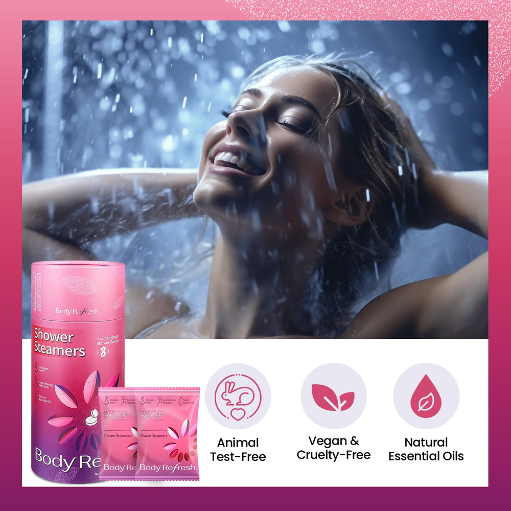 BodyRefresh rose essential oil bottle highlights the premium scent used in every steamer.